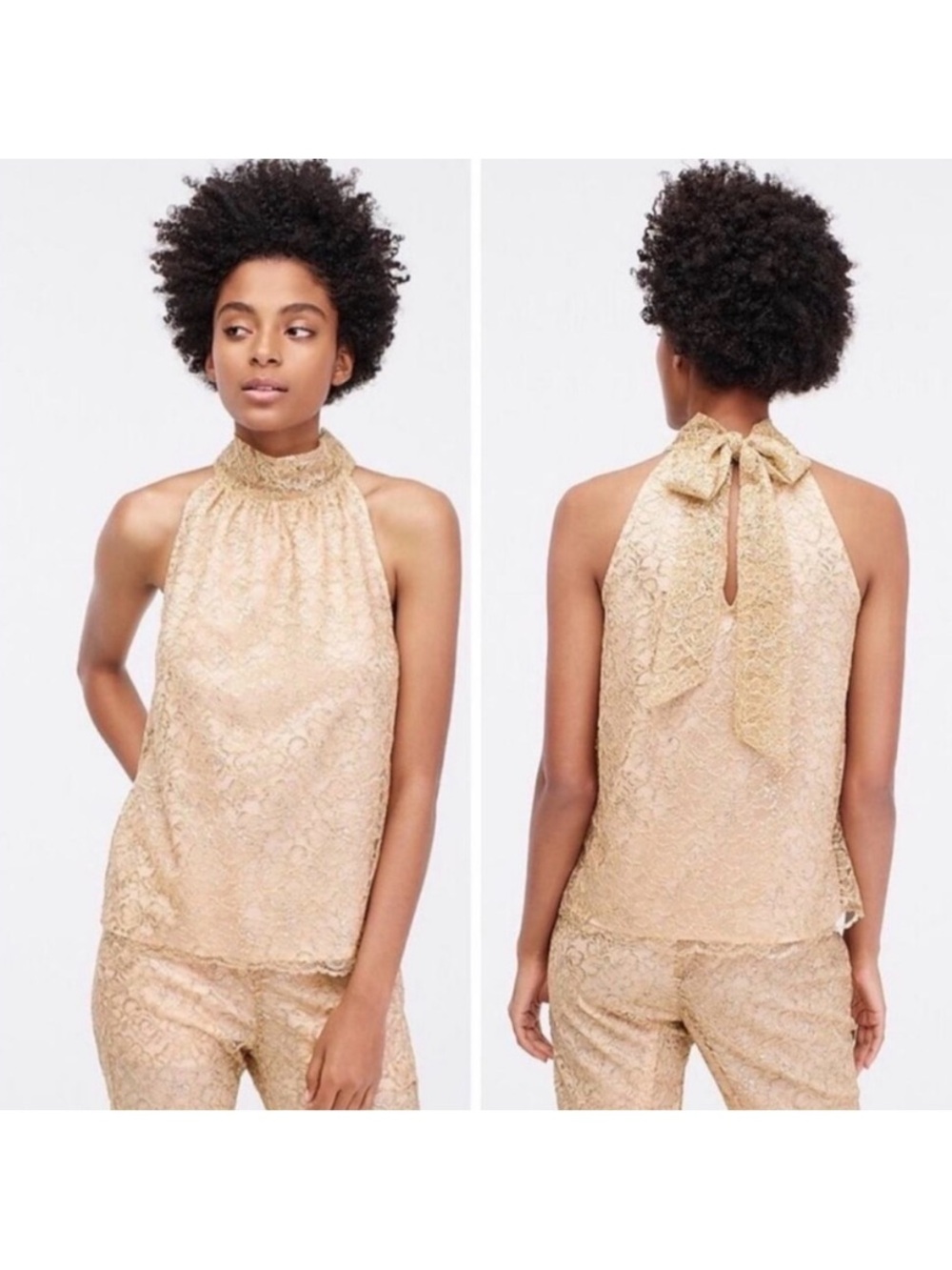 J.Crew Gold Metallic Lace Tie-Neck Top Small NWT
